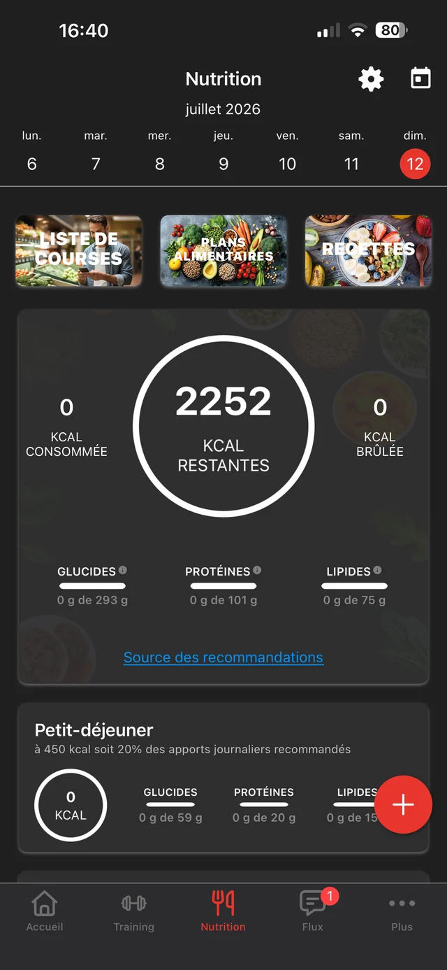 App J80 : ta nutrition, calories, macros et recettes