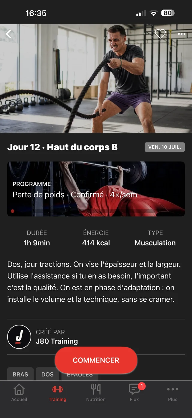 App J80 : le detail d'une seance, duree, calories et description